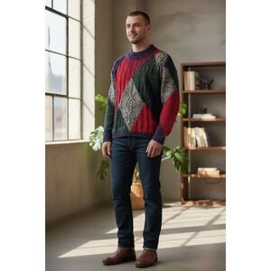 Vintage Casual Corner Chunky Sweater Med Diamond Argyle Green Burgundy‎ Tan EUC